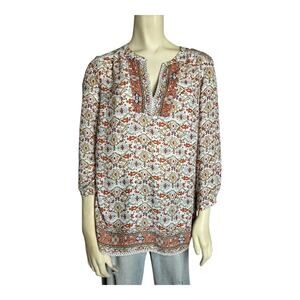 Boho Hippie Retro Shirt Blouse Top Artisan NY M Medium MCM Print indie Tunic